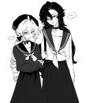  ... 2girls bag beret blue_eyes bow chinese_commentary choker commentary_request cowboy_shot crossed_arms curtained_hair edgar_valden frown genderswap genderswap_(mtf) greyscale hair_between_eyes hair_bow hair_intakes hat heterochromia highres holding holding_bag identity_v juewang_de_tong_ren_nu long_bangs long_hair long_skirt long_sleeves monochrome multiple_girls neckerchief parted_lips ponytail richard_sterling ringlets school_uniform serafuku shoulder_bag sidelocks simple_background skirt smile speech_bubble spoken_ellipsis spot_color standing white_background yellow_eyes 