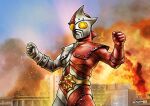  1boy armor artist_name belt blue_sky breastplate building city cityscape clenched_hands commentary compound_eyes day dias_(tajima_kouki) dorsal_fin embers explosion full_armor gem gem_belt giant giant_male glowing glowing_eyes gold_belt hands_up highres jumborg_9 jumborg_a light_rays looking_ahead male_focus mecha multicolored_armor no_pupils outdoors red_armor red_gem robot silver_armor sky smoke studded_armor studs tokusatsu two-tone_armor upper_body yellow_eyes 