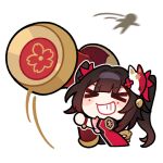  >_< 1girl brown_hair chibi chibi_only closed_eyes commentary english_commentary flower fox_mask grin hammer holding holding_hammer honkai:_star_rail honkai_(series) long_hair mask official_art smile solo sparkle_(honkai:_star_rail) twintails white_background 
