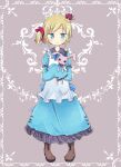  1girl amakaze_sora apron blonde_hair blue_bow blue_dress blue_eyes blush boots bow brown_boots closed_mouth collared_dress commentary_request crown dress folding_fan frilled_apron frilled_dress frills full_body grey_background hair_bow hand_fan hugging_object layered_sleeves long_sleeves mini_crown original pigeon-toed puffy_short_sleeves puffy_sleeves red_bow short_hair short_over_long_sleeves short_sleeves side_ponytail sleeves_past_fingers sleeves_past_wrists solo standing stuffed_animal stuffed_rabbit stuffed_toy swept_bangs tilted_headwear wavy_mouth white_apron 