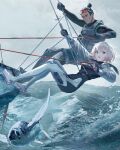  1boy 1girl arm_up black_gloves black_hair blue_eyes boat bodysuit cloud commentary_request fish gloves goggles goggles_on_head hair_between_eyes hair_bun highres holding holding_rope looking_at_viewer ocean orange-tinted_eyewear original pink_hair rope short_hair skin_tight swav teeth tinted_eyewear upper_teeth_only watercraft wind 