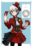  1girl absurdres anastasia_(idolmaster) black_bow black_corset blue_background blue_eyes blush border bow closed_mouth commentary_request corset cowboy_shot eyelashes grey_hair hair_between_eyes hair_bow hat highres holding idolmaster idolmaster_cinderella_girls jacket masaki_comic mini_hat mini_top_hat open_clothes open_jacket red_bow red_hair red_jacket red_skirt screenshot_inset shirt short_hair simple_background skirt smile solo standing top_hat very_short_hair white_border white_shirt 