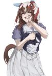  1girl absurdres animal_ears blush bow bowtie collarbone commentary_request cowboy_shot highres horse_ears horse_girl horse_tail horseshoe_ornament long_hair multicolored_hair open_mouth pleated_skirt puffy_short_sleeves puffy_sleeves red_eyes red_nails school_uniform science_rhein short_sleeves single_polished_nail skirt solo still_in_love_(umamusume) streaked_hair summer_uniform tail tearing_up tracen_school_uniform umamusume veil 
