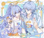  1boy 1girl blue_eyes blue_hair braid brother_and_sister can chinese_commentary collarbone commentary_request drink_can fanta finger_heart hair_intakes halo head_wings highres holding holding_another's_arm holding_can honkai:_star_rail honkai_(series) jewelry light_blush lizi_cai looking_at_viewer midriff multicolored_hair nail_polish navel necklace official_alternate_costume orange_eyes orange_hair orange_nails robin_(fanta)_(honkai:_star_rail) robin_(honkai:_star_rail) shirt siblings soda_can streaked_hair sunday_(fanta)_(honkai:_star_rail) sunday_(honkai:_star_rail) upper_body white_shirt white_wings wings 