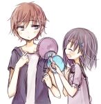  1boy 1girl amakaze_sora black_shirt brown_hair closed_eyes closed_mouth grey_eyes grey_hair grey_shirt hair_ornament hairclip hand_fan holding holding_fan long_hair open_clothes open_mouth open_shirt original paper_fan puffy_short_sleeves puffy_sleeves shirt short_sleeves simple_background uchiwa upper_body white_background white_shirt 