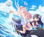  2girls akemi_homura akemi_homura_(splashin'_kyubey_blast) bikini black_bikini black_hair black_headband breasts commentary_request hands_on_another's_waist headband hidarikata highres kyubey magia_record:_mahou_shoujo_madoka_magica_gaiden magical_girl mahou_shoujo_madoka_magica mahou_shoujo_madoka_magica_(anime) mahou_shoujo_madoka_magica_magia_exedra multi-strapped_bikini_bottom multi-strapped_bikini_top multiple_girls on_jet_ski open_mouth pink_eyes pink_hair purple_eyes sandals small_breasts string_bikini swimsuit tamaki_iroha tamaki_iroha_(swimsuit_ver.) 