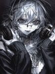  1girl black_hoodie breasts choker cleavage colored_skin commentary ear_piercing genderswap genderswap_(mtf) glasses grey_eyes grey_hair grey_lips grey_theme hair_between_eyes headphones highres hood hoodie looking_at_viewer nijisanji pentagram piercing portrait sanya_(nijisanji) sharp_teeth solo sweat tattoo teeth virtual_youtuber white_skin zpicy_owl 