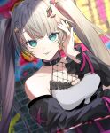  1girl :p aqua_eyes arm_under_breasts artist_request barbed_wire bare_shoulders black_collar black_dress black_sleeves blonde_hair breasts brick_wall choppy_bangs collar collarbone detached_sleeves dress earrings fishnet_top fishnets graffiti hair_ornament hair_ribbon hairclip hand_on_own_head highres jewelry lightning_bolt_earrings lightning_bolt_symbol long_hair looking_at_viewer mismatched_earrings multicolored_dress multicolored_hair official_art phase_connect pink_hair pink_nails pink_ribbon pink_streaks ribbon rinkou_ashelia rinkou_ashelia_(lia_2.0) second-party_source sleeve_ribbon sleeveless sleeveless_dress solo star_(symbol) star_hair_ornament streaked_hair tongue tongue_out twintails upper_body virtual_youtuber white_dress x_hair_ornament 