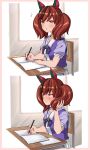  1girl animal_ears blush bow bowtie breasts brown_eyes brown_hair check_commentary classroom closed_mouth commentary_request desk ear_bow ear_covers ear_ribbon embarrassed green_bow highres holding holding_pen horse_ears horse_girl medium_hair multicolored_hair nice_nature_(umamusume) open_mouth pen pleated_skirt puffy_short_sleeves puffy_sleeves purple_bow purple_bowtie purple_shirt sailor_collar sailor_shirt school_uniform shino_(ponjiyuusu) shirt short_sleeves sitting skirt streaked_hair summer_uniform sweatdrop tracen_school_uniform twintails umamusume white_sailor_collar white_skirt 