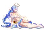 1girl absurdres bikini blue_hair breasts chinese_commentary cleavage commentary_request euzh266 flower flower_ornament hair_ornament halo head_wings highres honkai:_star_rail honkai_(series) large_breasts long_hair lying navel official_alternate_costume on_side robin_(honkai:_star_rail) robin_(summeretto)_(honkai:_star_rail) sandals sarong simple_background solo starfish_hair_ornament stomach sunflower swimsuit thighs toes very_long_hair white_background white_bikini white_sarong white_wings wings 