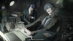  2boys absurdres black_necktie black_suit blue_hair blue_necktie book calendar_(object) commission computer corded_phone drink highres indoors lamp laptop multiple_boys necktie open_mouth original phone plant shirt short_hair sitting suit suitei table white_shirt wide_shot 