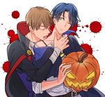  1girl blue_hair brown_hair closed_eyes collarbone fang gekkan_shoujo_nozaki-kun green_eyes halloween halloween_costume hori_masayuki imminent_bite jack-o'-lantern kashima_yuu short_hair vampire_costume warable 