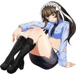  1girl arm_on_knee arm_support belt black_boots black_necktie black_skirt blue_shirt blush boots bow bow_hairband breast_pocket breasts brown_eyes brown_hair frilled_hairband frills full_body game_asset hairband high_heel_boots high_heels ikkitousen ikkitousen_extra_burst knee_boots knees_up lace-up_boots long_hair long_sleeves looking_at_viewer midriff necktie non-web_source official_art open_mouth pencil_skirt pocket police police_uniform policewoman see-through_clothes see-through_sleeves self-datamine shirt short_necktie sidelocks simple_background sitting skirt small_breasts smile solo ten'i_(ikkitousen) torn_boots torn_bow torn_clothes torn_shirt torn_skirt torn_sleeves transparent_background variant_set white_belt white_bow white_hairband 