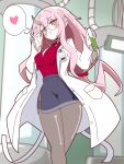  1girl adjusting_eyewear blush breasts closed_mouth coat commentary_request glasses hair_between_eyes heart highres holding holding_test_tube horns humanization id_card lab_coat large_breasts long_hair looking_at_viewer nnnnnmmmi4323 pantyhose pencil_skirt pink_eyes pink_hair posher_(trickcal) scientist shirt single_horn skirt smile solo spoken_heart test_tube thighband_pantyhose trickcal white_coat 