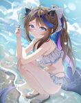  1girl absurdres ahoge airi_kanna ameameame_(pororo12khb) animal_ears antlers armpit_crease beach bikini blue_eyes blue_streaks blurry blurry_background bow breasts brown_hair closed_mouth cloud cloudy_sky commentary_request dutch_angle extra_ears food frilled_bikini frills from_side full_body grey_bow hair_bow hand_up highres holding holding_food holding_popsicle horizon horns korean_commentary large_breasts long_hair looking_at_viewer looking_to_the_side multicolored_hair navel ocean outdoors parted_bangs ponytail popsicle purple_streaks purple_tail sandals simple_bird sky solo squatting stellive streaked_hair swimsuit thighs turning_head underboob virtual_youtuber white_bikini 