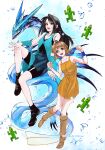  2girls ahoge arm_up bare_shoulders bike_shorts bike_shorts_under_skirt black_boots black_hair black_shirt black_shorts blue_cardigan blue_skirt blue_sleeves boots breasts brown_boots brown_hair cardigan cleavage clenched_hands commentary_request d-maker detached_sleeves dragon dress final_fantasy final_fantasy_viii floating full_body green_eyes grey_eyes highres leviathan_(final_fantasy) long_hair medium_breasts multiple_girls open_mouth overalls rinoa_heartilly sabotender selphie_tilmitt shirt short_dress short_hair shorts side_slit skirt smile twitter_username water_drop yellow_dress yellow_overalls 