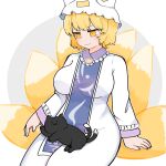  1girl :3 absurdres black_cat blonde_hair blue_tabard blush breasts cat chen chen_(cat) closed_mouth commentary_request dress fox_girl fox_tail grey_background grin hat highres kitsune kurotaro kyuubi large_breasts long_sleeves mob_cap multiple_tails short_hair smile solo tabard tail touhou two-tone_background two_tails white_background white_dress white_hat yakumo_ran yellow_eyes 