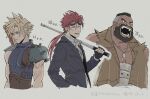  3boys age_comparison age_difference armor bare_shoulders barret_wallace baton_(weapon) beard black_gloves black_hair black_jacket blonde_hair blue_eyes blue_shirt brown_vest buster_sword closed_mouth cloud_strife collared_shirt commentary_request cropped_torso dark-skinned_male dark_skin dog_tags earrings facial_hair final_fantasy final_fantasy_vii fingerless_gloves gloves goggles goggles_on_head holding holding_baton_(weapon) holding_weapon jacket jewelry looking_at_viewer male_focus multiple_boys necklace open_mouth parted_lips red_hair reno_(ff7) ribbed_shirt ribbed_sweater sharp_na_ago shirt short_hair shoulder_armor shouting simple_background single_earring sleeveless sleeveless_turtleneck spiked_hair stud_earrings suit_jacket suspenders sweater sword sword_on_back turks_(ff7) turtleneck twintails undercut upper_body vest weapon weapon_on_back white_shirt 