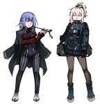  2girls bang_dream! bang_dream!_it's_mygo!!!!! black_coat black_jacket black_pants black_pantyhose blonde_hair blue_hair closed_mouth coat coat_on_shoulders commentary_request cosplay ezra_(project_moon) ezra_(project_moon)_(cosplay) full_body half_updo holding holding_smoking_pipe jacket korean_commentary limbus_company long_sleeves misumi_uika moses_(project_moon) moses_(project_moon)_(cosplay) multiple_girls pants pantyhose pinstripe_pattern project_moon purple_eyes red_shirt shirt short_hair simple_background skol16653828240 smoking_pipe the_distortion_detective togawa_sakiko white_background yellow_eyes 