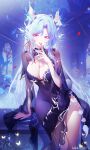  1girl :p arm_support bilibili_watermark blue_flower blue_hair blue_nails blue_rose breasts bug butterfly chinese_commentary cleavage commentary_request dress falling_petals fingernails fins flower forehead_tattoo hair_ribbon head_fins highres indoors jianshu large_breasts long_fingernails long_hair looking_at_viewer nail_polish original petals pink_eyes purple_dress purple_shrug red_petals red_ribbon ribbon rose sharp_fingernails shrug_(clothing) side_slit smile solo tattoo tongue tongue_out very_long_fingernails yellow_butterfly 