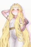  1girl absurdres arm_behind_head arm_up armlet armpits bare_shoulders belt blonde_hair blush bracelet braid breasts circlet colored_eyelashes commentary_request cosplay cowboy_shot cracked_skin curtained_hair doll_joints dress drop_shadow ekrea_jan elden_ring elden_ring:_shadow_of_the_erdtree elden_ring_nightreign eyes_visible_through_hair gold_armlet gold_circlet half-closed_eyes half_up_half_down_braid hand_up high-waist_belt highres jewelry joints light_frown long_hair looking_at_viewer miquella_(elden_ring) miquella_(elden_ring)_(cosplay) parted_hair revenant_(elden_ring) simple_background sleeveless sleeveless_dress small_breasts solo very_long_hair white_background white_dress yellow_eyes 
