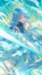  1girl absurdres bare_shoulders blue_eyes blue_hair breasts chinese_hairpin commentary_request dress earrings forehead_tattoo hair_intakes hair_ornament hair_stick hand_up highres holding holding_sword holding_weapon jewelry kuji-in long_hair looking_at_viewer medium_breasts parted_lips qingxiao_(wuthering_waves) sagi_(sagi_0116) smile solo sword tattoo thighhighs very_long_hair weapon white_dress white_thighhighs wuthering_waves 