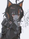  1girl ahoge animal_ear_headphones animal_ears arm_belt asymmetrical_sleeves bare_shoulders black_choker black_hair black_nails black_sweater cat_ear_headphones cat_ears choker eyeball_hair_ornament fake_animal_ears headphones inagoinaire long_sleeves looking_at_viewer mahou_shoujo_no_majo_saiban multicolored_hair nail_polish off-shoulder_sweater off_shoulder orange_eyes orange_nails orange_streaks sawatari_coco short_hair simple_background single_bare_shoulder smile solo streaked_hair striped_sleeves sweater teeth translation_request upper_body white_background 