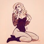  1girl artist_name black_boots black_canary black_choker black_leotard black_nails blonde_hair boots breasts cheekbones choker cleavage commentary cropped_jacket dc_comics finger_to_mouth fishnet_pantyhose fishnets full_body hand_in_own_hair highleg highleg_leotard jen_bartel kneeling large_breasts leotard long_hair nail_polish pantyhose sepia solo swept_bangs untranslatable_commentary wavy_hair 