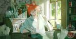  1boy animal_ears bag book collarbone commentary_request cup fox_ears glasses green_eyes harada3team highres indoors kerosene_lamp orange_hair original paper reading shirt short_hair sitting solo sunlight table upper_body white_shirt 