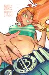  1girl bangle bare_shoulders belt belt_buckle blue_pants bracelet breasts brown_eyes buckle commentary copyright_name crop_top denim earrings eyelashes floating_hair from_below gold_bangle green_tank_top grin groin hand_on_own_stomach highres jeans jewelry large_breasts log_pose long_hair looking_at_viewer midriff nail_polish nami_(one_piece) navel one_piece orange_hair pants pearl_earrings pink_nails shoulder_tattoo simple_background slothpilosa smile solo stomach tank_top tattoo upper_body white_background 