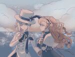  2girls blue_dress blue_feathers blue_gloves blue_shirt boater_hat capelet checkered_ribbon chinese_commentary cloud coat collared_shirt commentary_request dress feathers from_side glasses gloves grey_eyes grey_hair grey_sky hair_bun hat hat_feather lanzhuang_jiazi long_hair looking_at_another multiple_girls neck_ribbon ocean official_alternate_costume outdoors profile reverse:1999 ribbon round_eyewear shirt single_side_bun sky sonetto_(emotion_in_tranquility)_(reverse:1999) sonetto_(reverse:1999) two_side_up upper_body vertin_(ipstar)_(reverse:1999) vertin_(reverse:1999) white_capelet white_coat white_hat yellow_ribbon 