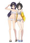  2girls :d ;d antenna_hair bikini black_hair brown_eyes commentary eyewear_on_head frilled_bikini frills full_body grey_bikini hand_up highres idolmaster idolmaster_(classic) jacket jacket_over_swimsuit kikuchi_makoto kisaragi_chihaya light_smile long_hair looking_at_viewer multiple_girls navel off_shoulder one_eye_closed purple_hair sandals short_hair side-by-side simple_background smile soayo standing sunglasses swimsuit teeth untranslatable_commentary upper_teeth_only white_background white_bikini yellow_jacket 