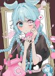  1girl absurdres antique_phone aqua_eyes blue_hair braid brown_background commentary cross-shaped_pupils elira_pendora food head_wings heart heterochromia highres like_nenene long_hair looking_at_viewer macaron multiple_braids nijisanji nijisanji_en phone picture_frame pikl_(elira_pendora) pink_eyes quad_braids rotary_phone simple_background solo speech_bubble spoken_heart symbol-shaped_pupils talking_on_phone untranslatable_commentary virtual_youtuber wings 