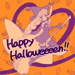  1girl blonde_hair blush boots braid broom broom_riding cloak commentary_request elbow_gloves food-themed_background gloves hair_ornament happy_halloween hat highres long_hair looking_at_viewer magical_girl mahou_shoujo_ikusei_keikaku mahou_shoujo_ikusei_keikaku_unmarked open_mouth smile thigh_boots top_speed witch_hat x_hair_ornament yomo_gigyoza 
