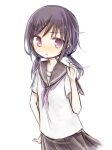  1girl amakaze_sora black_hair black_sailor_collar black_skirt blush closed_mouth hair_ornament hair_over_shoulder hairclip hand_up long_hair low_twintails multicolored_hair original pleated_skirt purple_eyes purple_hair sailor_collar school_uniform serafuku shirt short_sleeves simple_background skirt solo streaked_hair twintails wavy_mouth white_background white_shirt 