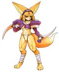  anthro big_ears blade breasts canine female fox game gloves hair inner_ear_fluff mammal midriff muscles muscular_female ninja red_eyes saruku_(サルク) solo sorcerland standing under_boob weapon 