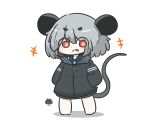  +++ 1girl animal_ears barefoot black_jacket blue_one-piece_swimsuit blush chibi commentary_request full_body grey_hair grin hair_between_eyes hands_in_pockets highres hood hood_down hooded_jacket jacket mouse_ears mouse_girl mouse_tail nazrin one-piece_swimsuit red_eyes sea_urchin shadow simple_background smile solo standing swimsuit swimsuit_under_clothes tail touhou uni_souchou white_background 