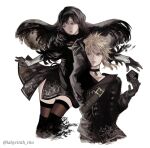 1boy 1girl 2b_(nier:automata) 2b_(nier:automata)_(cosplay) 9s_(nier:automata) 9s_(nier:automata)_(cosplay) absurdres artist_name belt_buckle black_boots black_choker black_dress black_gloves black_hair black_jacket black_thighhighs blonde_hair blue_eyes boots buckle choker cloud_strife cloud_strife_(scanner_ensemble) commentary_request company_connection cosplay dress feather-trimmed_sleeves feet_out_of_frame final_fantasy final_fantasy_vii final_fantasy_vii:_ever_crisis floating_hair gloves highres jacket long_hair long_sleeves nier:automata nier_(series) official_alternate_costume red_eyes short_hair side_slit simple_background spiked_hair thigh_boots thigh_gap thighhighs thighhighs_under_boots tifa_lockhart tifa_lockhart_(battler_ensemble) tori_(labyrinth_fft) turtleneck turtleneck_dress white_background 