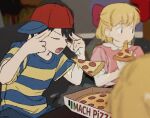  1girl 2boys bac0n_pancakes bad_id bad_pixiv_id baseball_cap black_hair blonde_hair bow closed_eyes eating food hair_bow hat jeff_andonuts man_levitating_pizza_(meme) meme mother_(series) mother_2 multiple_boys ness_(mother_2) paula_(mother_2) photo-referenced pizza pizza_slice red_bow shirt sideways_hat sideways_mouth striped_clothes striped_shirt telekinesis v-shaped_eyebrows 