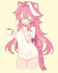  1girl animal_ears blush breasts closed_eyes coffee coffee_mug commentary cup english_commentary fang fingernails hair_intakes highres holding holding_cup hololive hololive_english large_breasts long_hair mug multicolored_hair onlyhakua open_mouth panther_ears panther_girl panther_tail pink_hair pink_tail raora_panthera shirt short_sleeves simple_background solo squeans streaked_hair tail thighs two-tone_hair virtual_youtuber white_shirt yawning yellow_background 