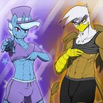  2014 abs abstract_background anthro anthrofied avian beak biceps blue_fur brown_feathers bulge clothing crossgender duo equine friendship_is_magic fur gilda_(mlp) gryphon hair hat horn looking_at_viewer male mammal multicolored_hair muscles my_little_pony nipples pecs purple_eyes shirt shirt_lift shorts slypon tank_top toned top_hat trixie_(mlp) two_tone_hair unicorn white_feathers wings yellow_eyes 