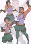  1girl absurdres armlet belt boots breasts cleavage dark-skinned_female dark_skin earrings fingerless_gloves gabriel_ales gloves green_pants gun highres hoop_earrings jewelry midriff_peek multiple_views necklace pants ponytail resident_evil resident_evil_5 sheva_alomar short_hair short_ponytail shrugging sketch tank_top tattoo tribal_tattoo weapon 