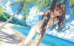  :d ass_visible_through_thighs beach bikini blush breasts brown_hair day dutch_angle hair_ornament highres kantoku koi_suru_kanojo_no_bukiyou_na_butai long_hair long_legs open_mouth palm_tree pink_eyes scrunchie side-tie_bikini sidelocks small_breasts smile solo swimsuit togawa_mayuu tree white_bikini wrist_scrunchie 