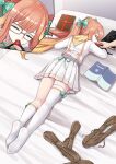  1girl absurdres ball_gag blue_archive book bow chinese_commentary closed_eyes commentary_request commission dildo_gag disembodied_hand feathered_wings gag gagging glasses green_bow hair_bow head_wings highres indoors kneehighs long_hair lying no_shoes on_bed on_stomach orange_hair orange_sailor_collar orange_wings pleated_skirt sailor_collar school_uniform second-party_source serafuku shimiko_(blue_archive) shirt single_kneehigh single_sock single_thighhigh skirt sleeping socks soles solo thighhighs twintails very_long_hair white_shirt white_skirt white_socks white_thighhighs wings yanx5 