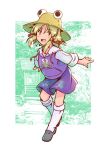 1girl adapted_costume animal_print blonde_hair brown_hat commentary_request frog_print full_body green_background grey_shoes hair_ribbon hat hood hoodie kneehighs long_sleeves looking_at_viewer medium_hair moriya_suwako purple_hoodie purple_skirt rangycrow red_ribbon ribbon shoes skirt socks solo touhou tress_ribbon white_socks |_| 
