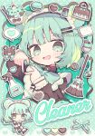  1girl animal_ears apron bag bear_ears black_dress bottle bow bowtie broom checkerboard_cookie chibi colored_inner_hair commentary cookie dress english_text food green_bow green_bowtie green_eyes green_hair green_nails green_theme hair_ornament hairclip heart high_collar highres holding holding_broom kanamochi_kanato macaron maid maid_apron multicolored_hair multiple_views napkin open_mouth original parallel_hairclips short_hair smile speech_bubble spoken_heart spray_bottle stuffed_animal stuffed_toy teddy_bear two-tone_hair white_apron 