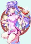  1girl anyuendo bell bow bowl chinese_clothes commentary_request dress floral_print food hair_bell hair_bow hair_ornament highres holding holding_tray long_hair microdress pink_dress purple_eyes purple_hair ranma_1/2 red_shoes shampoo_(ranma_1/2) shoes sidelocks smile solo squatting tray yellow_bow 