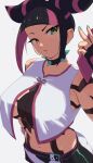  1girl black_hair blush breasts cellphone choker collarbone crop_top crop_top_overhang fingerless_gloves gloves green_eyes green_nails hair_horns han_juri heterochromia highres large_breasts lineni multicolored_hair nail_polish navel pants phone pink_eyes pink_hair short_hair smartphone solo spiked_choker spikes streaked_hair street_fighter street_fighter_6 
