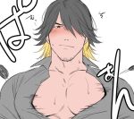  1boy blush bursting_pecs facial_hair flipped_hair grey_shirt hair_over_one_eye male_focus multicolored_hair nagasone_kotetsu otototo shirt simple_background solo stubble sweat touken_ranbu two-tone_hair upper_body wardrobe_malfunction white_background 