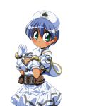  1girl blue_hair blush breasts cleavage cleavage_cutout clenched_hands closed_mouth clothing_cutout collared_dress corset cowboy_shot dark-skinned_female dark_skin dress embarrassed game_asset gloves green_eyes hair_between_eyes hands_up hat large_breasts large_variant_set lowres manjuverunu_no_sen_otome non-web_source nurse nurse_cap official_art puffy_short_sleeves puffy_sleeves sally_merci_(manjuverunu) self-datamine short_dress short_hair short_sleeves simple_background siubomanjyu solo stethoscope tachi-e transparent_background variant_set white_dress white_gloves white_hat 